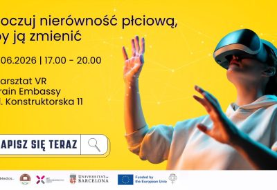 Kobieta korzystająca z gogli VR podczas warsztatów edukacyjnych VR Balance,symulujących sytuacje społeczne i zawodowe