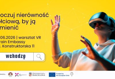 Kobieta korzystająca z gogli VR podczas warsztatów edukacyjnych VR Balance, symulujących sytuacje społeczne i zawodowe
